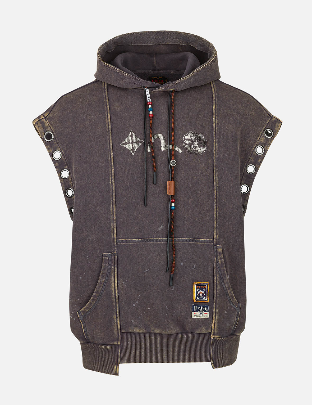 Washed Deconstructed Totem Kamon Embroidery Fashion Fit Hoodie Vest